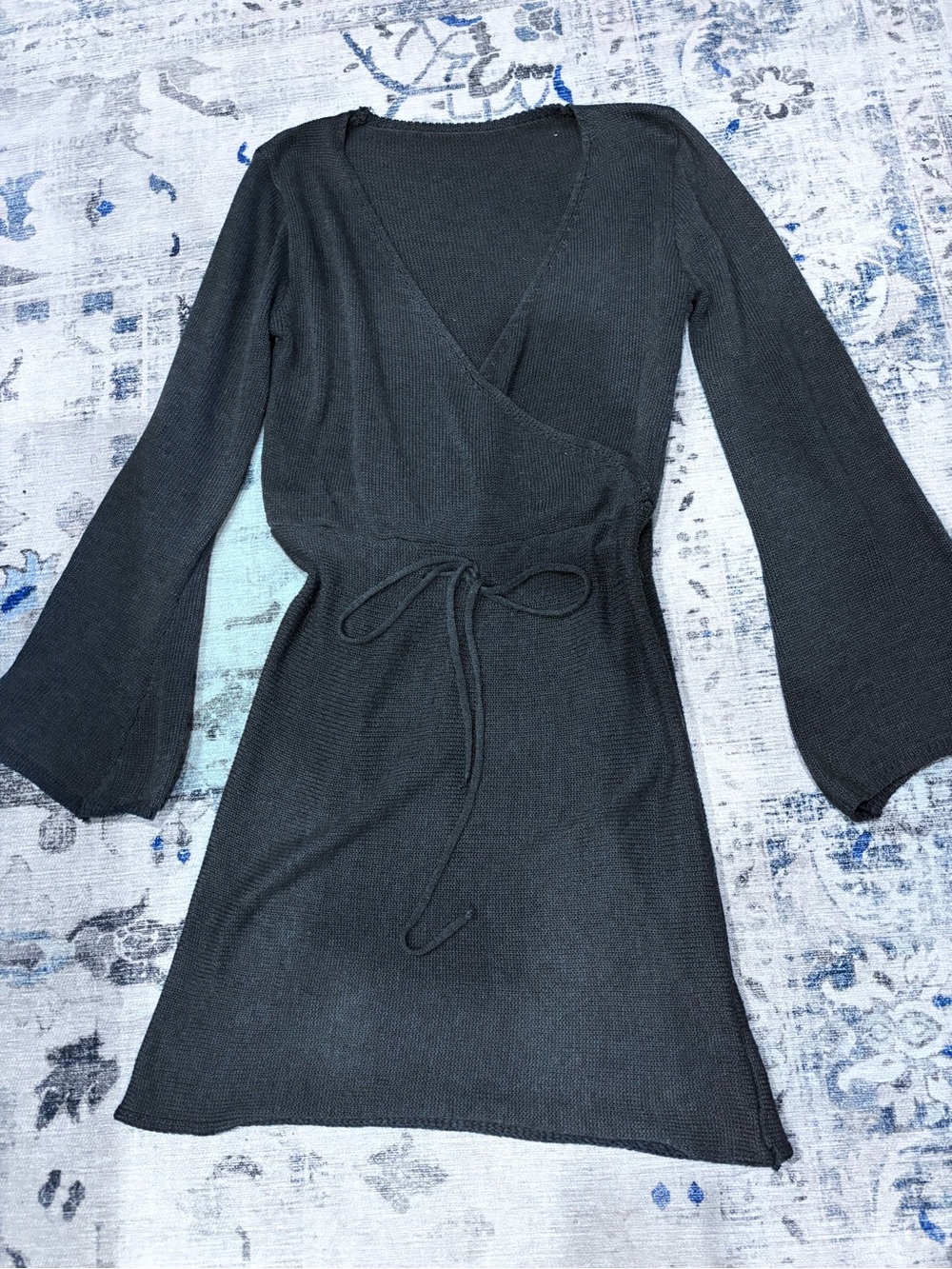 Charcoal Grey Knit Faux Wrap Dress with Drawstring Waist